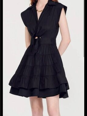 Sandro Paris Fifi Black Tiered Mini Dress Waist Tie Cotton Poplin FR 36